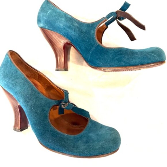 Chie Mihara Retro Blue Suede Heels - Picture 2 of 6
